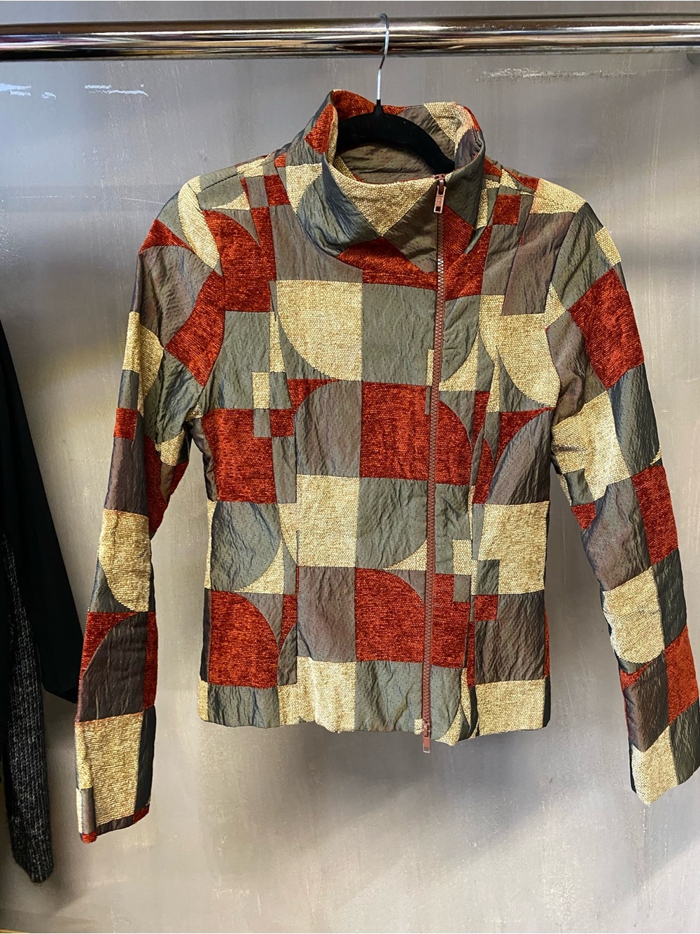 Women's Geo-Print Asymmetrical Zip Jacket - Red/Gold/Gray